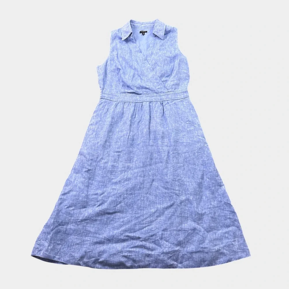 Talbots Linen Midi Dress Womens 10P Blue Sleeveless Pockets Resort Beach Coastal